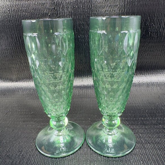 Villeroy and Boch Boston Green Footed Champagne Glasses Cups Barware Set2 Signed - Picture 12 of 12
